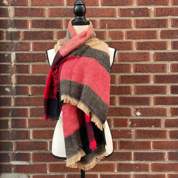 Accessories - Oversized Plaid Fringe Warm Cozy Winter Fall Scarf Red Black Tan